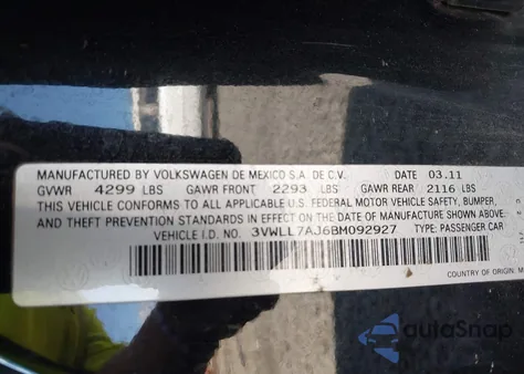 2011 Volkswagen Jetta 2.0L Tdi из США, поврежденный, VIN 3VWLL7AJ6BM092927